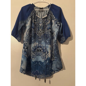 Blue Paisley Boho Peasant Blouse Rhinestone Embellished Tassel Tie 3/4 Sleeve